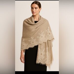 Bindya New York Wool Silk Lace Beaded Wrap Shawl Beige Cream NWT 36x84
